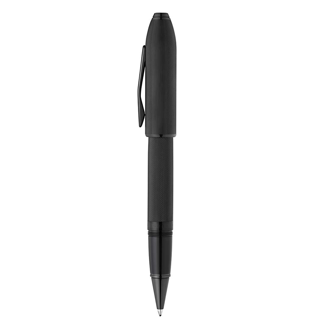 Peerless™ Polished Black PVD Engraved Diamond Pattern with Black PVD Appointments and Swarovski Crystal Rollerball Pen (Blue Ink) - Image 2