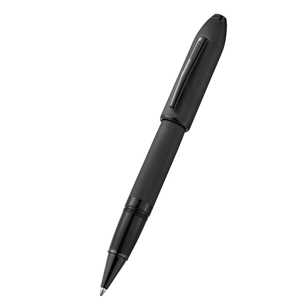 Peerless™ Polished Black PVD Engraved Diamond Pattern with Black PVD Appointments and Swarovski Crystal Rollerball Pen (Blue Ink) - Image 3
