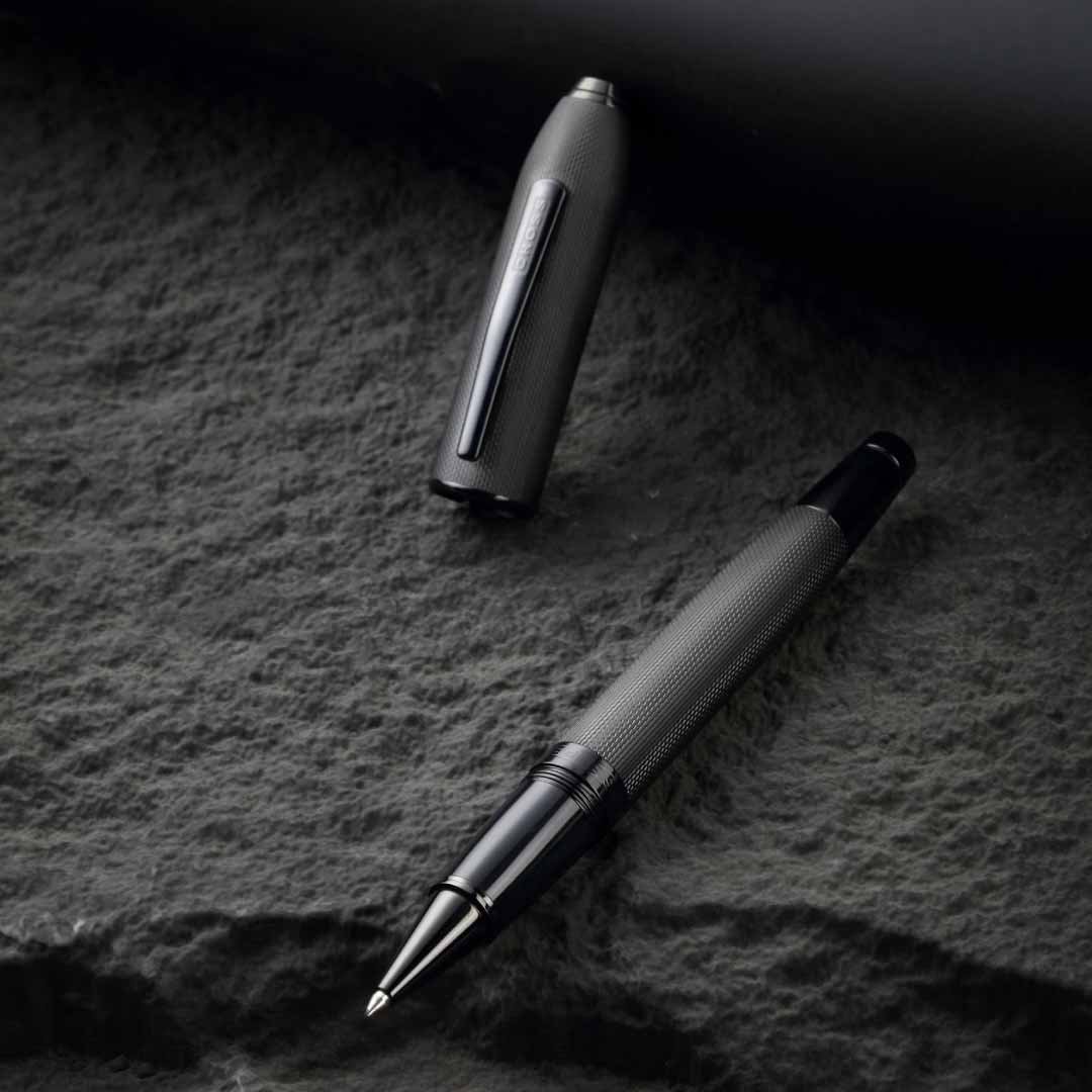Peerless™ Polished Black PVD Engraved Diamond Pattern with Black PVD Appointments and Swarovski Crystal Rollerball Pen (Blue Ink) - Image 5