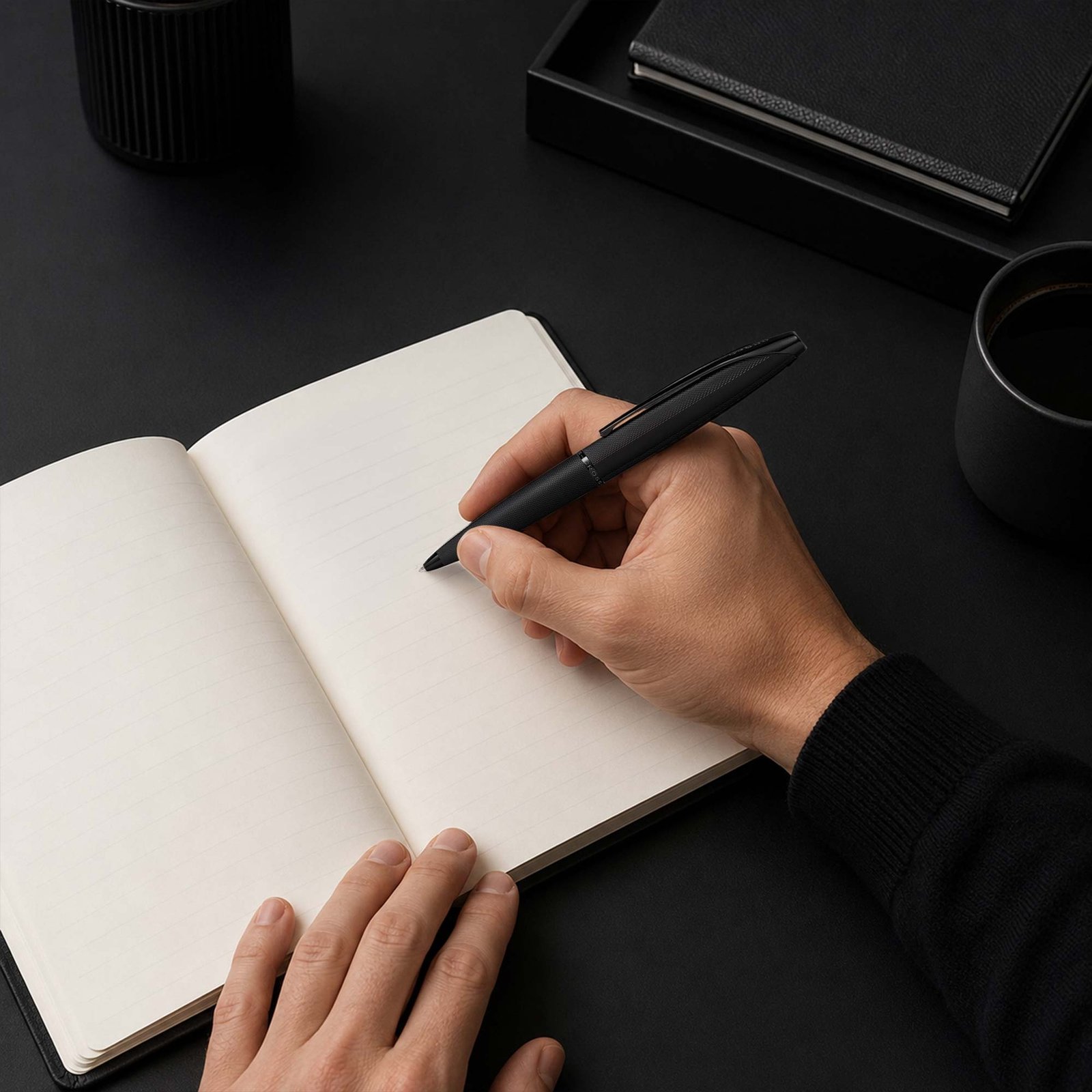 Cross ATX® Brushed Black with Machine-Turned Diamond Pattern Engraving with Polished Black PVD Appointments Ballpoint Pen (Blue Ink) - Image 11